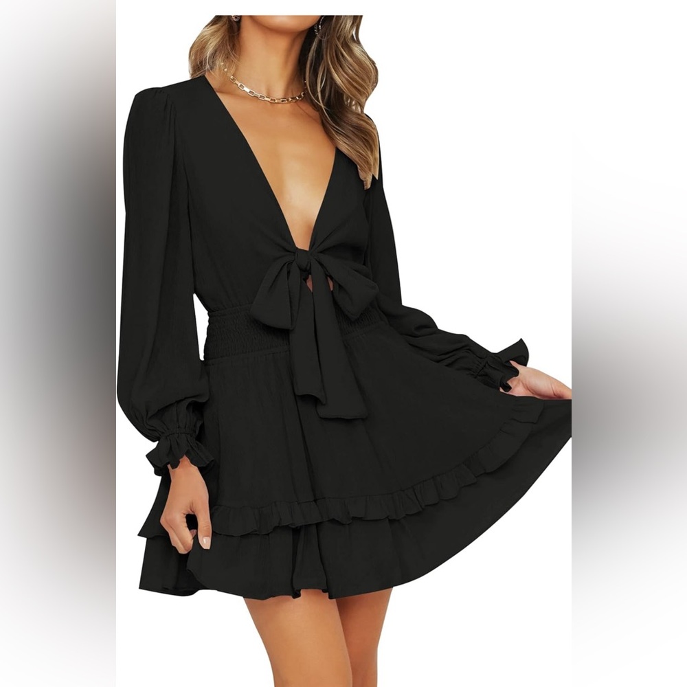 2XL Sexy V Neck Knot Front Smocked Waist Tiered Swing Mini Skater Dress